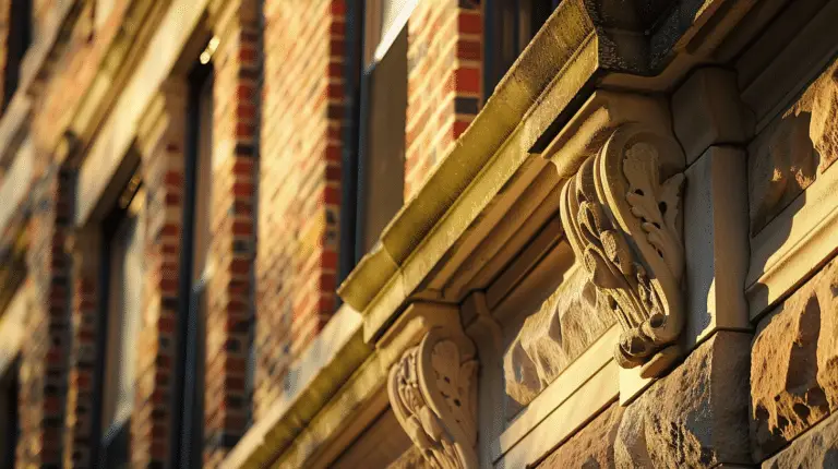 Closeup of a historic building with weathered bricks bathed in sunlight.