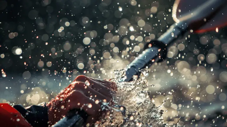 A kayaker's hands gripping a paddle with water splashing in daylight.