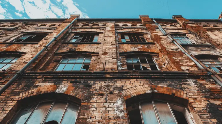 Weathered brick exterior with tall windows under a clear sky.