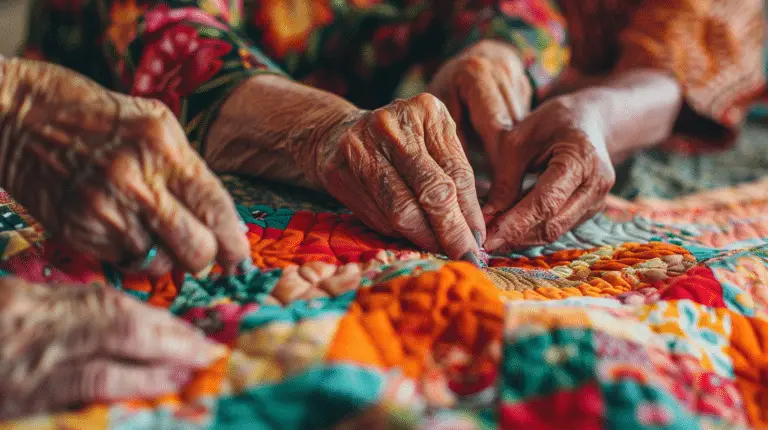 Women quilting, hands stitching fabric.