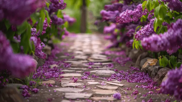 Garden pathway lined with blooming purple lilacs, creating a serene and fragrant outdoor setting