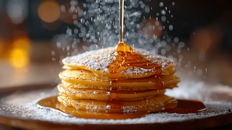 Maple syrup being poured over a stack of pancakes