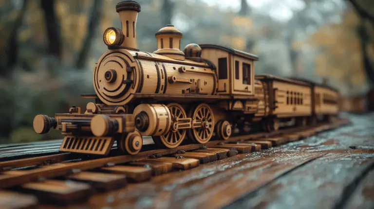 Close-up of a vintage wooden train model, showcasing detailed craftsmanship and classic design