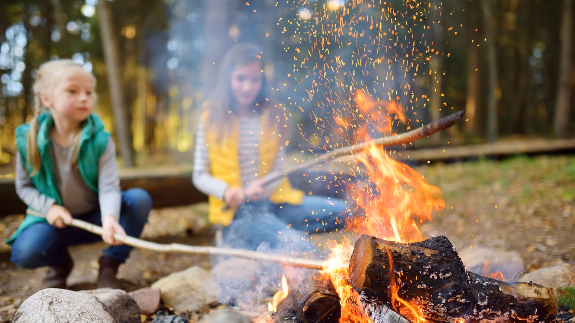 Two children sit around a campfire at the Bear Den Fall Festival, holding sticks over the flames. The fire is blazing with visible sparks flying upward, surrounded by rocks and logs. The background shows a dense, green forest. Both children are dressed in casual outdoor clothes.
