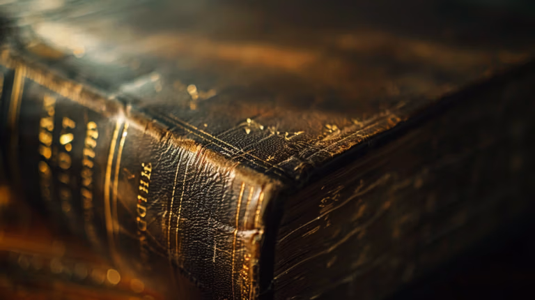 Close-up of an old, thick book with a worn brown leather cover and visible spine texture. The pages have a slightly yellowed appearance, suggesting age. The lighting casts warm tones, highlighting the book's antique and well-used condition.