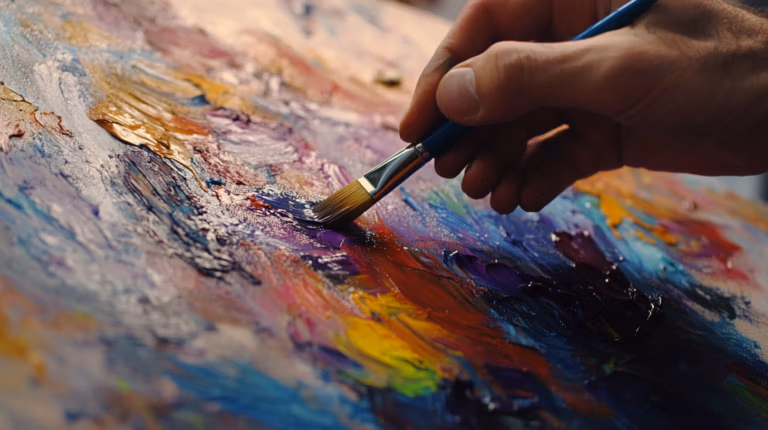 A close-up of a hand holding a paintbrush applying vibrant colors on a canvas. The artwork features bold, textured strokes in blue, purple, orange, and yellow hues, creating an abstract, dynamic composition.