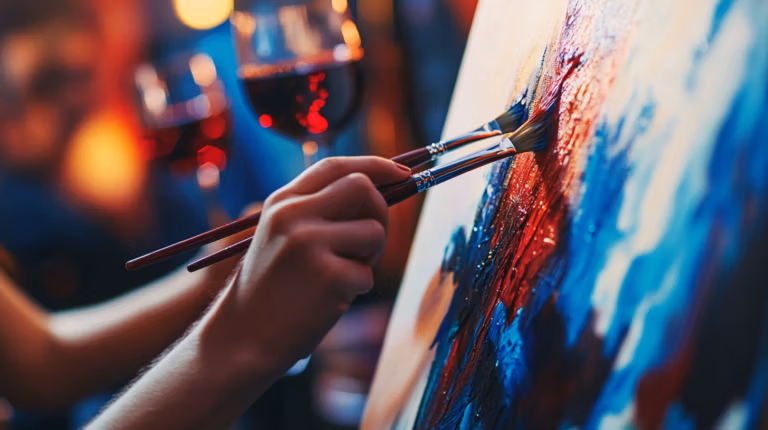 A person paints with two brushes on a canvas, creating an abstract design with vibrant red, blue, and white colors. Wine glasses with red wine are blurred in the background, suggesting a creative and relaxed atmosphere.