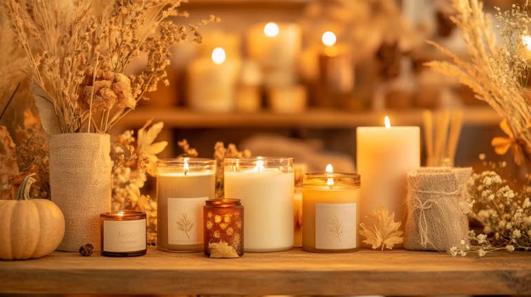 A cozy autumn scene with various lit candles on a wooden table, surrounded by dried flowers, leaves, and a small pumpkin. The warm glow creates an inviting atmosphere, highlighting the earthy tones and textures of the decor.