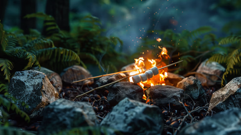 Two sticks hold marshmallows roasting over a campfire surrounded by rocks. Ferns and trees are visible in the background, creating a cozy forest setting.