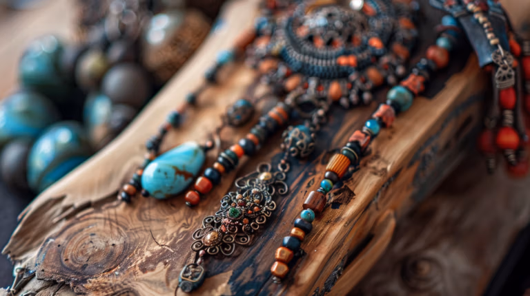 A collection of intricate beaded necklaces with turquoise, red, and brown stones, laid out on a rustic wooden surface. The necklaces feature ornate metalwork and colorful beads, showcasing a bohemian style.
