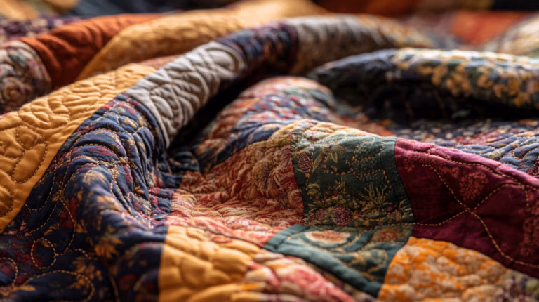 A close-up of a colorful quilt with intricate patchwork patterns, featuring a variety of warm colors such as yellow, red, and green. The fabric showcases detailed stitching and textures, creating a cozy and artistic look.