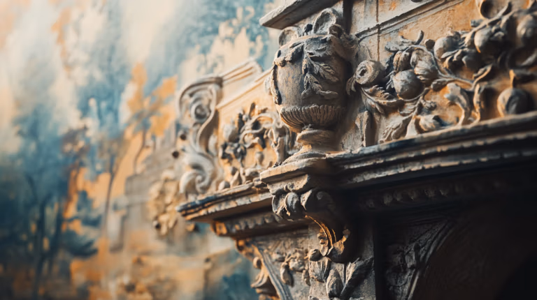 Ornate architectural detail of a decorative stone fireplace with intricate floral carvings. The background features a mural with nature motifs in soft, muted tones. The focus is on the craftsmanship of the carved embellishments.