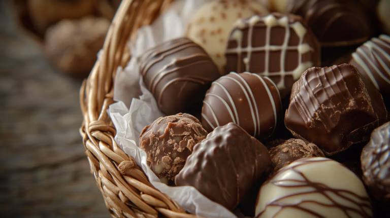 A basket filled with assorted chocolate truffles, each decorated with different patterns and textures, including drizzles and sprinkled coatings, resting on crumpled paper. The basket is woven and the background is softly blurred.