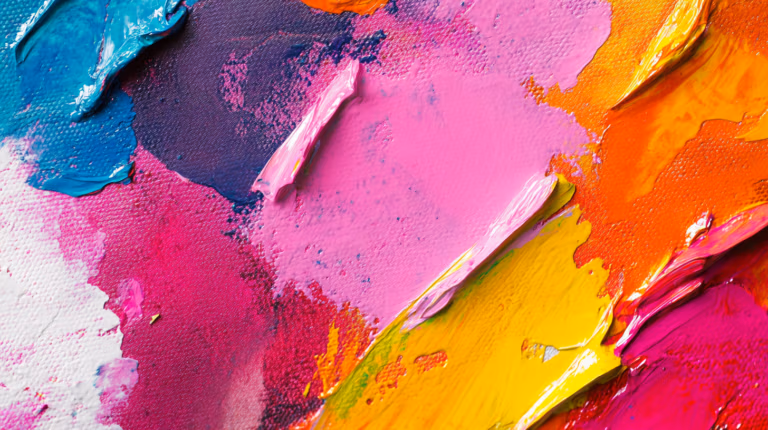 A vibrant abstract painting with bold strokes and a textured surface. It features a mix of colors, including pink, orange, yellow, blue, and white, creating a dynamic and lively composition.