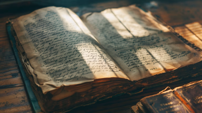 An old, open book with yellowed pages filled with handwritten text sits on a wooden surface. Sunlight streams through, casting shadows across the pages, creating a sense of age and mystery.