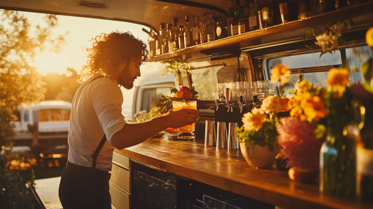 A bartender with curly hair prepares a cocktail at an outdoor bar during sunset. The counter is decorated with vibrant flowers and bottles in the background, creating a warm, inviting atmosphere.