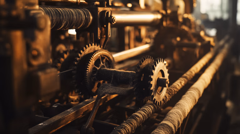 Close-up of an old industrial machine with intricate gears and pulleys covered in dust, bathed in warm sunlight. The photograph captures the mechanical details and texture, evoking a sense of history and timelessness.