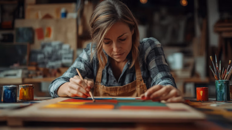 A woman in a plaid shirt and apron concentrates on painting a colorful abstract design in a studio filled with art supplies.