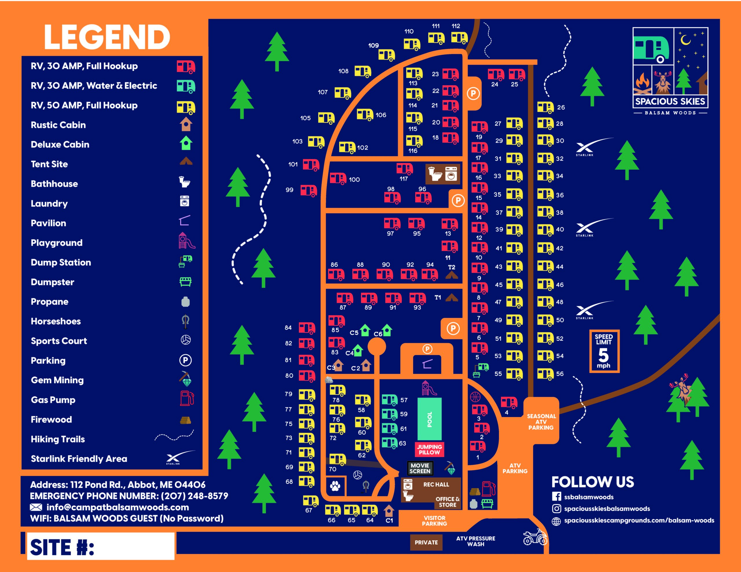 A vibrant campground map with orange roads weaving through trees on a dark blue backdrop. Icons highlight cabins, RV sites, and restrooms. A legend and contact details sit on the left, while social media icons rule the bottom right, making navigation easy.