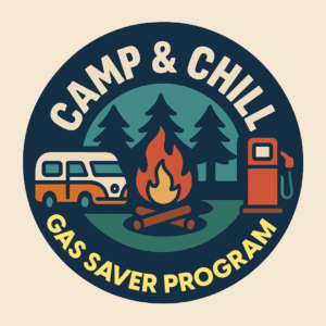 A circular badge shows a campfire, trees, camper van, and gas pump with the text "CAMP & CHILL GAS SAVER PROGRAM" around the edge. The design uses muted green, orange, and navy blue colors.