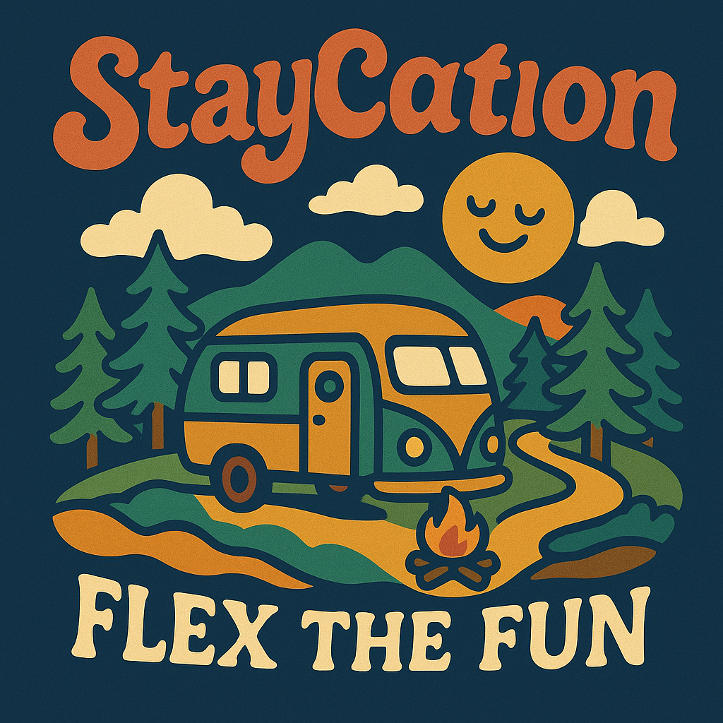 A retro-style illustration of a camper van by a campfire in a forest, with mountains, pine trees, clouds, and a smiling sun. Text reads "StayCation" at the top and "Flex the Fun" at the bottom.