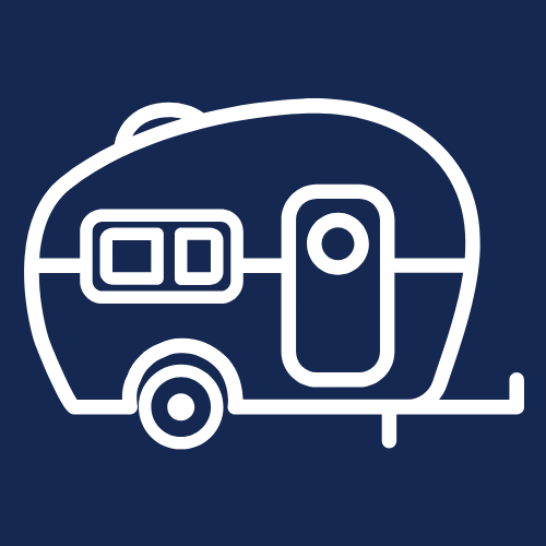 White line drawing of a camper trailer on a dark blue background, featuring a rounded shape, two windows, a door, and a single wheel—perfect for illustrating long term camping adventures.