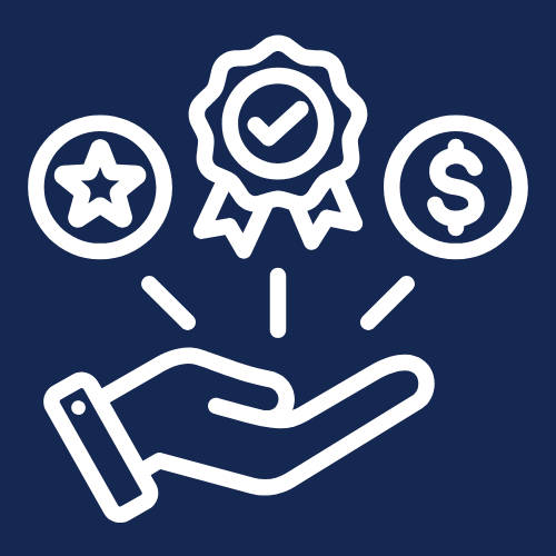 A hand with icons above it—a star, a medal with a checkmark, and a dollar sign—represents quality, achievement, and financial value for long term camping on a dark blue background.