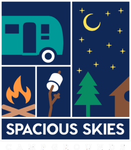 Logo for Spacious Skies Campgrounds featuring a teal camper, crescent moon and stars, campfire, marshmallow on a stick, pine tree, and cabin—all set on a dark blue background with white and teal campgrounds text.