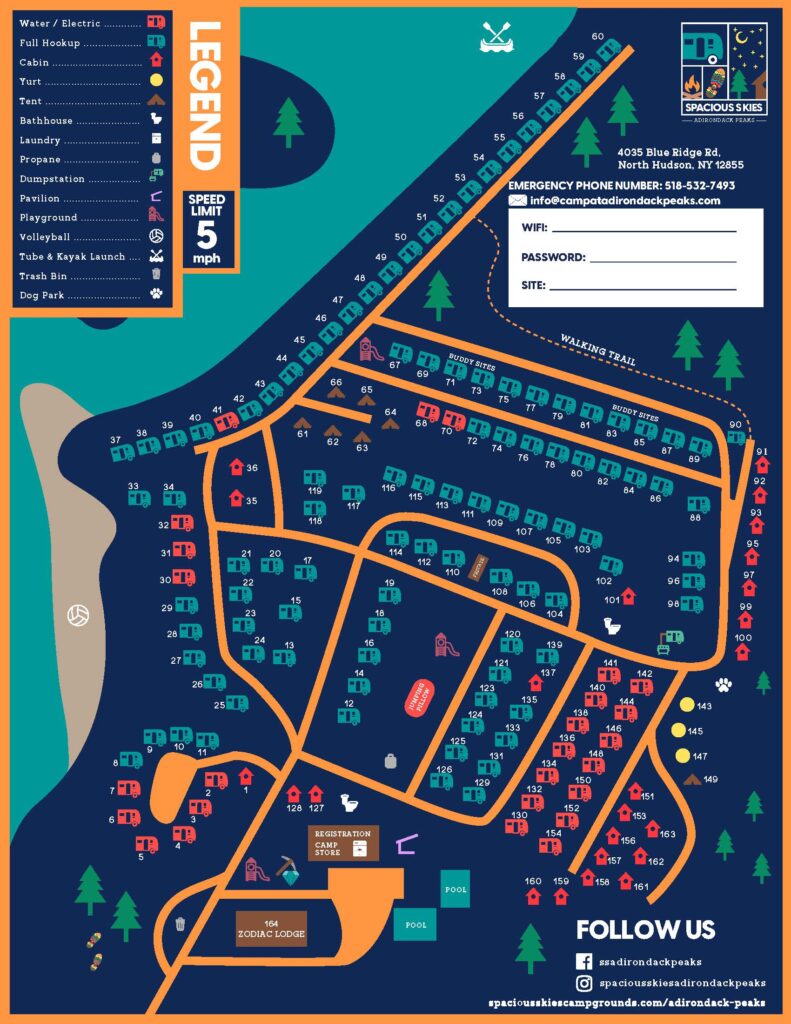 Illustrated campground map with labeled RV and tent sites, cabins, amenities (pool, laundry, playground), roads, walking trails, and legend. Includes contact details, icons for various facilities and services, plus campground rules.