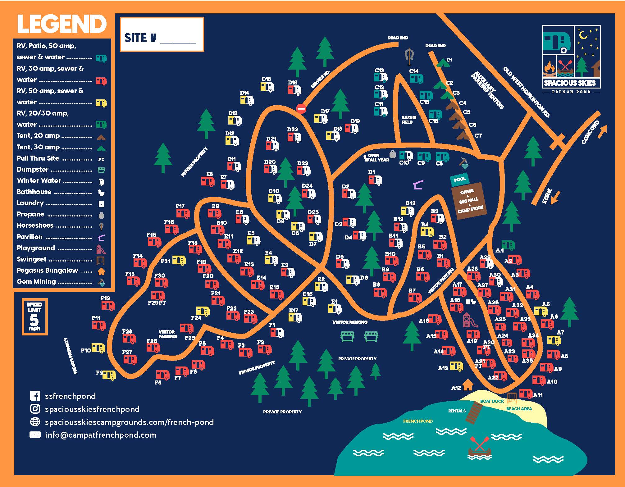 A colorful campground map shows various RV and tent sites, cabins, amenities, and campground rules around French Pond. A legend on the left lists site types and contact info. Paths and roads wind through wooded areas near the pond.