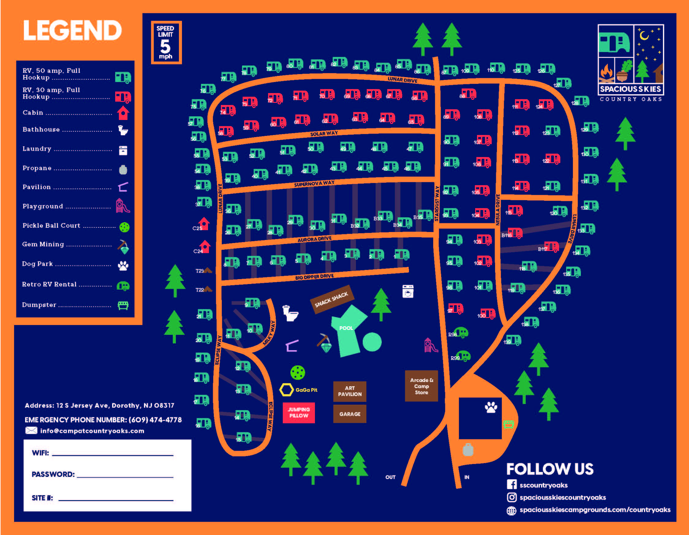 Map of Spacious Skies Country Oaks campground showing RV sites, cabins, amenities, roads, parking, playground, and legend, with contact, emergency info, and social media details.