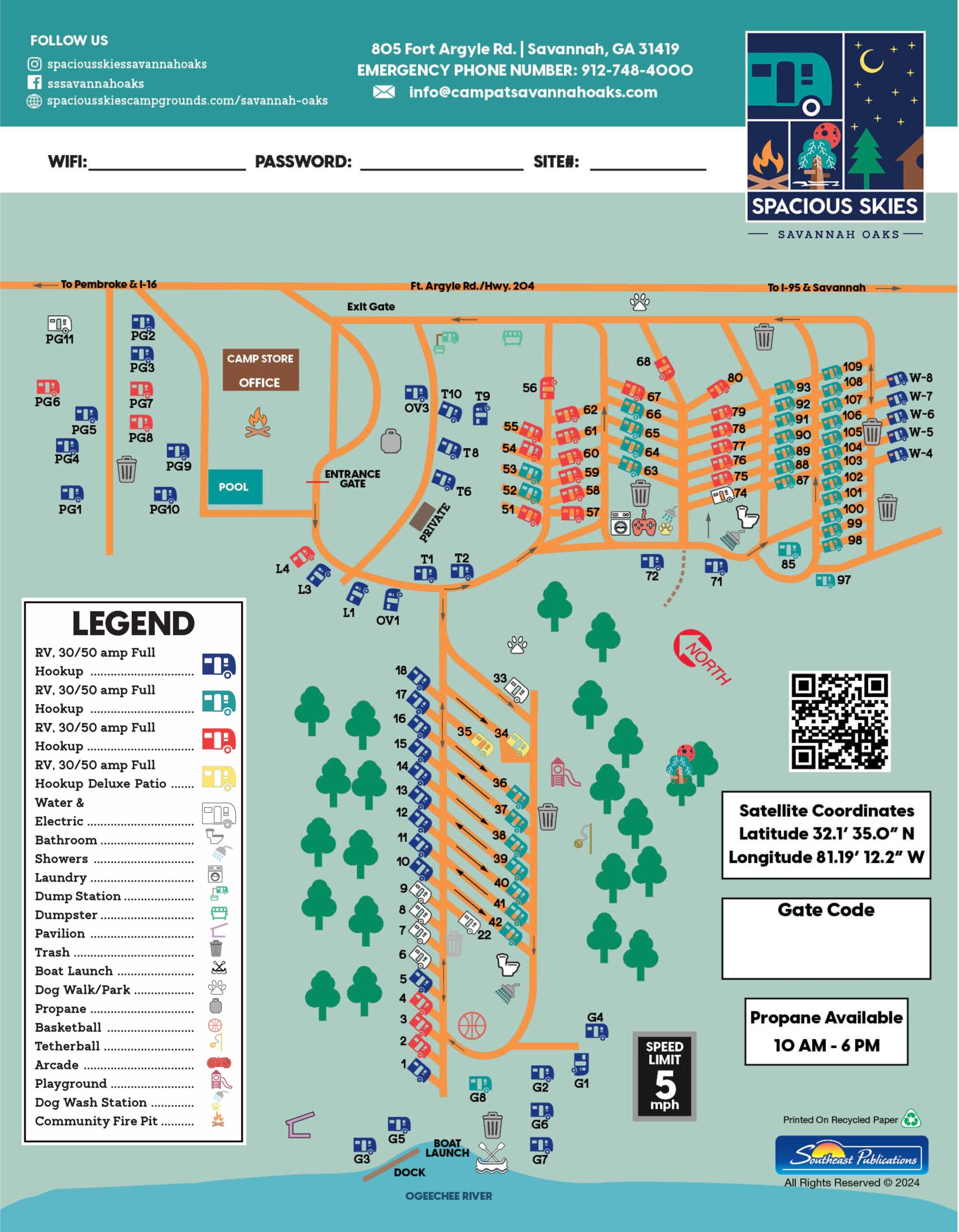 Map of Spacious Skies Savannah Oaks campground showing site locations, amenities, legend, and key information including address, contact info, and operating hours.