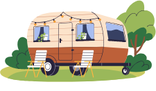 Illustration of a brown and beige camper trailer with string lights, two lawn chairs, and green plants in the windows, set outdoors with trees in the background.